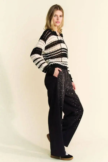 Davi & Dani Contrast Striped Crochet Drop Shoulder Knit Cover Up - Sleekdenim.com