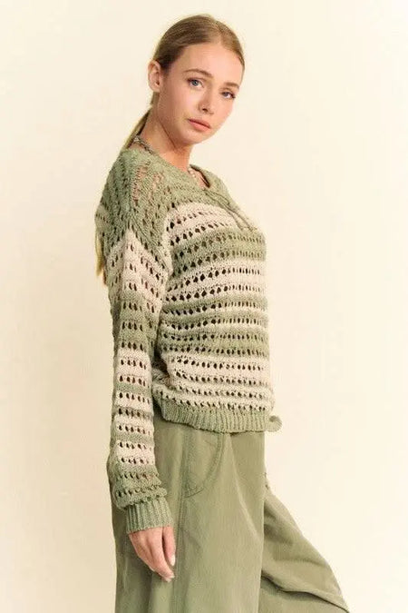 Davi & Dani Contrast Striped Crochet Drop Shoulder Knit Cover Up - Sleekdenim.com