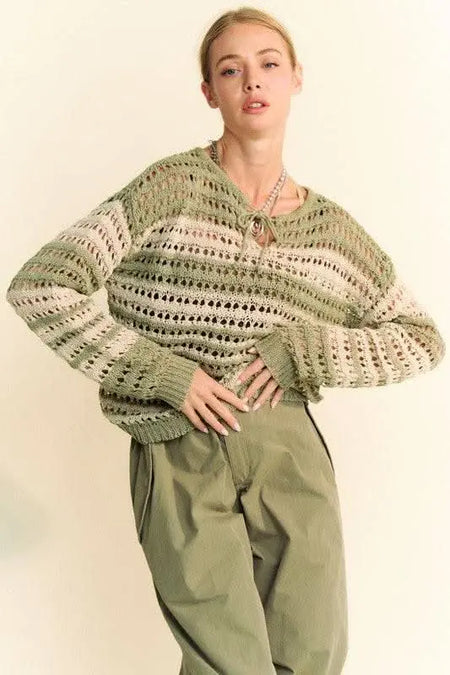 Davi & Dani Contrast Striped Crochet Drop Shoulder Knit Cover Up - Sleekdenim.com