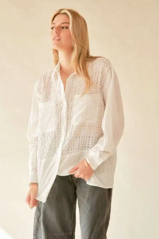 Davi & Dani Crinkled Jacquard Button Down Shirt - Sleekdenim.com