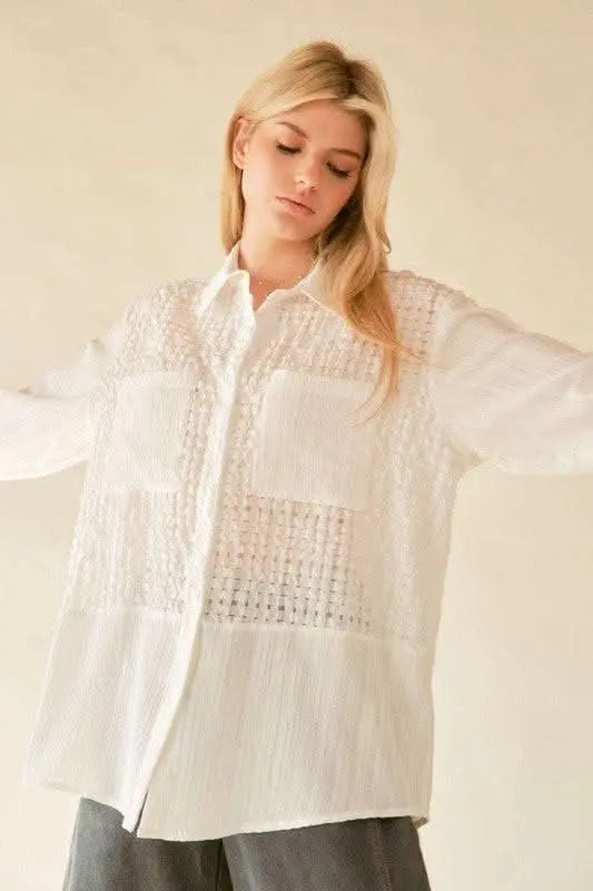 Davi & Dani Crinkled Jacquard Button Down Shirt - Sleekdenim.com