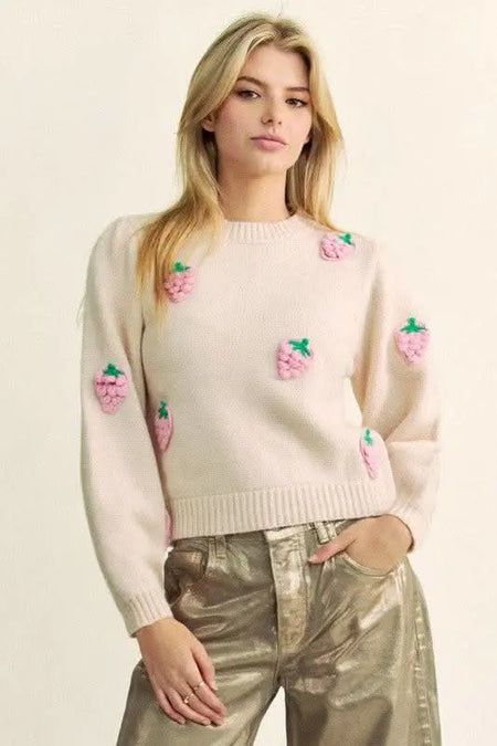 Davi & Dani Crochet Strawberry Round Neck Sweater - Sleekdenim.com