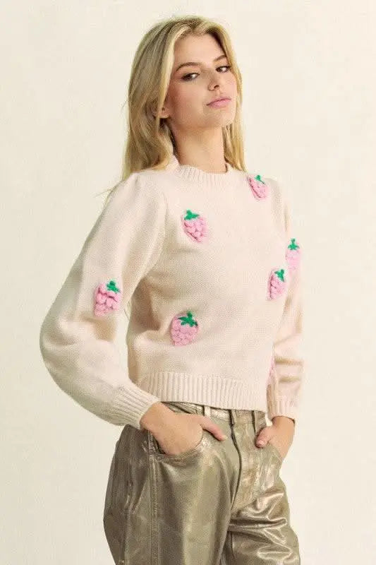 Davi & Dani Crochet Strawberry Round Neck Sweater - Sleekdenim.com