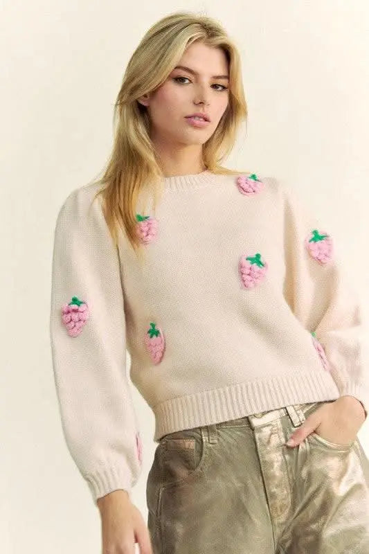 Davi & Dani Crochet Strawberry Round Neck Sweater - Sleekdenim.com