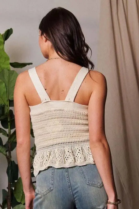 Davi & Dani Crochet Wide Strap Peplum Knit Tank - Sleekdenim.com