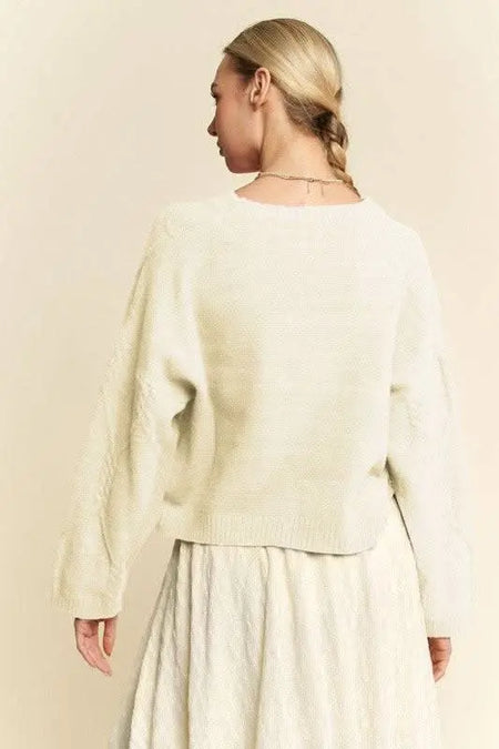 Davi & Dani Diamond Cable Pattern Drop Shoulder Sweater - Sleekdenim.com