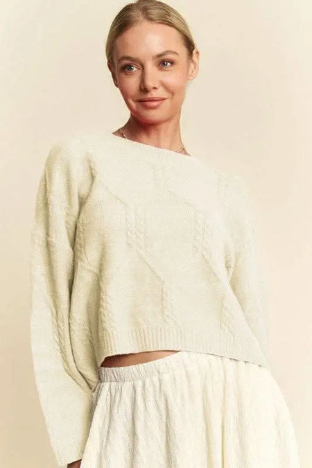 Davi & Dani Diamond Cable Pattern Drop Shoulder Sweater - Sleekdenim.com