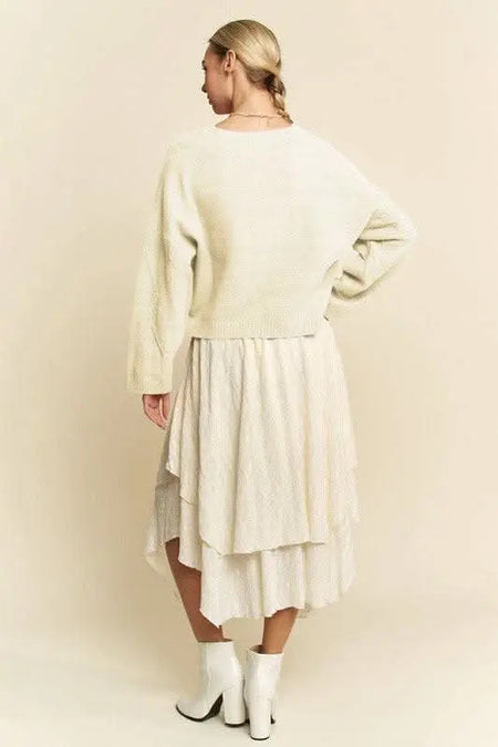 Davi & Dani Diamond Cable Pattern Drop Shoulder Sweater - Sleekdenim.com