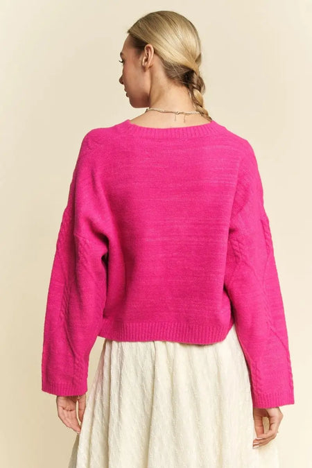 Davi & Dani Diamond Cable Pattern Drop Shoulder Sweater - Sleekdenim.com