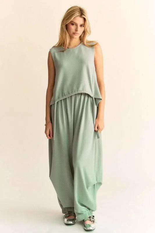 Davi & Dani Drawstring Hem Round Neck Tank and Pants Set - Sleekdenim.com