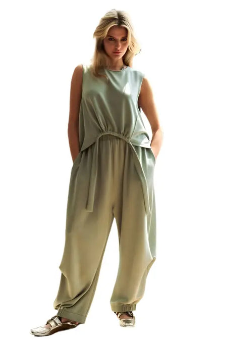 Davi & Dani Drawstring Hem Round Neck Tank and Pants Set - Sleekdenim.com