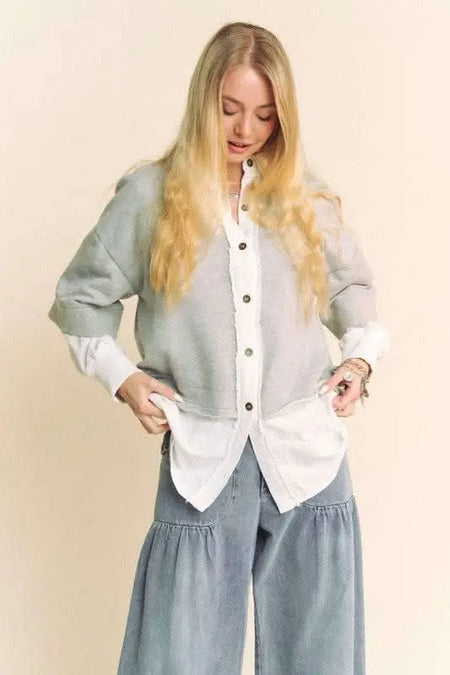 Davi & Dani Faux Layered French Terry Contrast Top - Sleekdenim.com