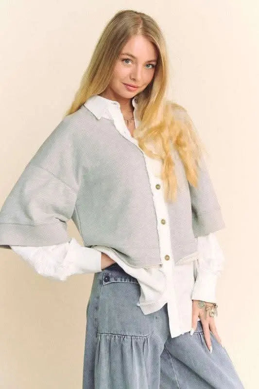 Davi & Dani Faux Layered French Terry Contrast Top - Sleekdenim.com