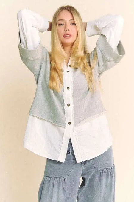 Davi & Dani Faux Layered French Terry Contrast Top - Sleekdenim.com