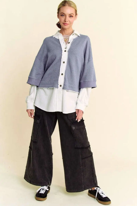 Davi & Dani Faux Layered French Terry Contrast Top - Sleekdenim.com