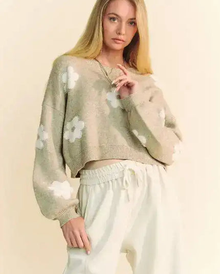 Davi & Dani Floral Drop Shoulder Cropped Sweater - Sleekdenim.com