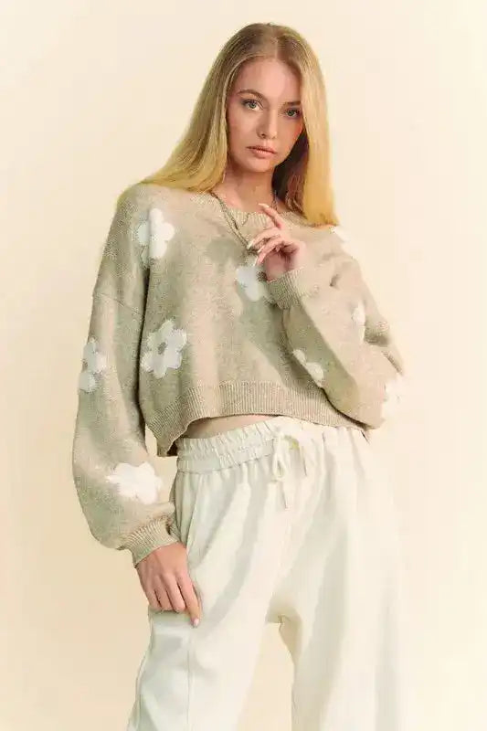 Davi & Dani Floral Drop Shoulder Cropped Sweater - Sleekdenim.com