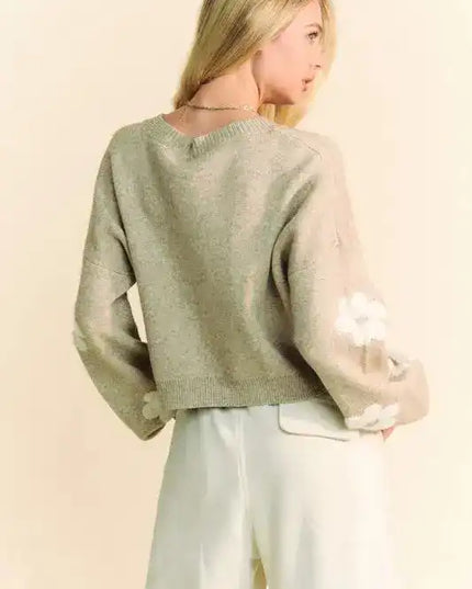 Davi & Dani Floral Drop Shoulder Cropped Sweater - Sleekdenim.com
