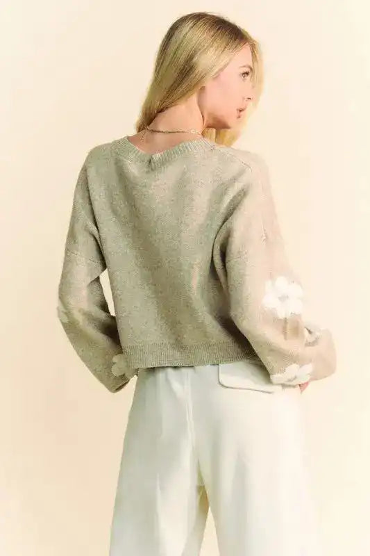 Davi & Dani Floral Drop Shoulder Cropped Sweater - Sleekdenim.com