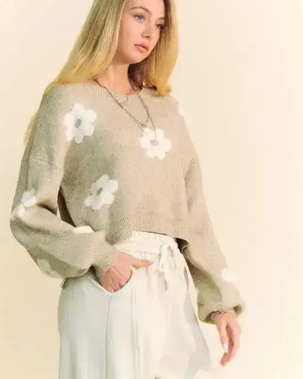 Davi & Dani Floral Drop Shoulder Cropped Sweater - Sleekdenim.com