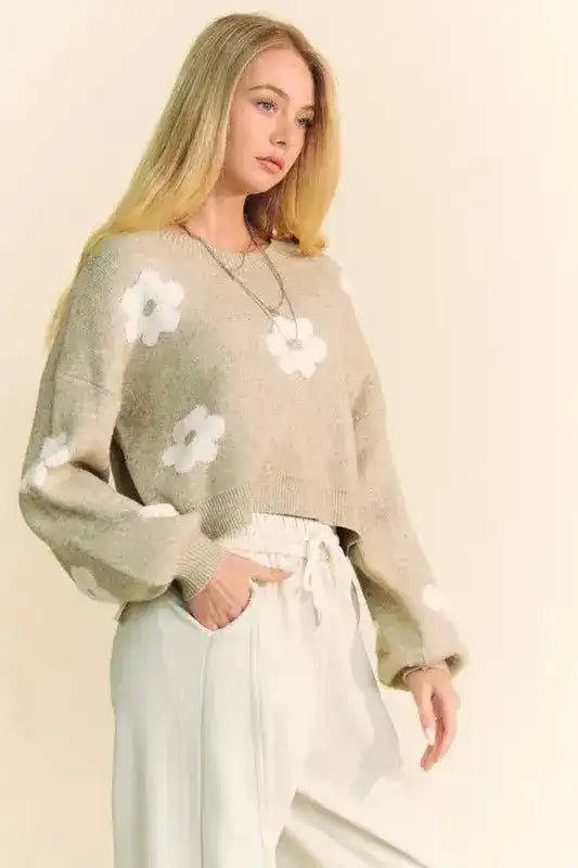 Davi & Dani Floral Drop Shoulder Cropped Sweater - Sleekdenim.com