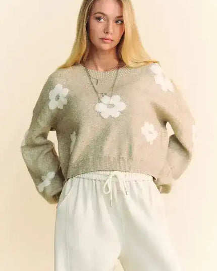 Davi & Dani Floral Drop Shoulder Cropped Sweater - Sleekdenim.com