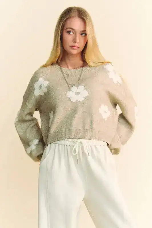Davi & Dani Floral Drop Shoulder Cropped Sweater - Sleekdenim.com