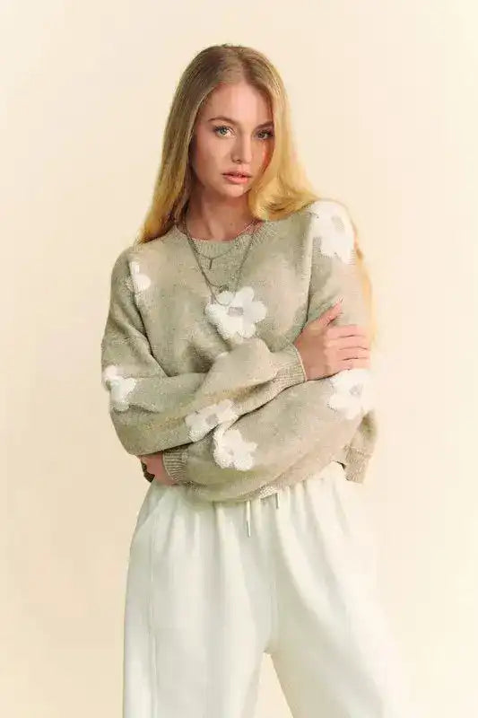 Davi & Dani Floral Drop Shoulder Cropped Sweater - Sleekdenim.com