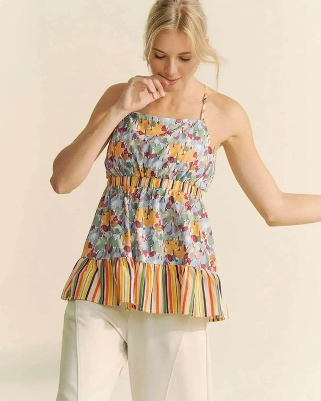 Davi & Dani Floral Smocked Sleeveless Ruffle Back Tie Top - Sleekdenim.com