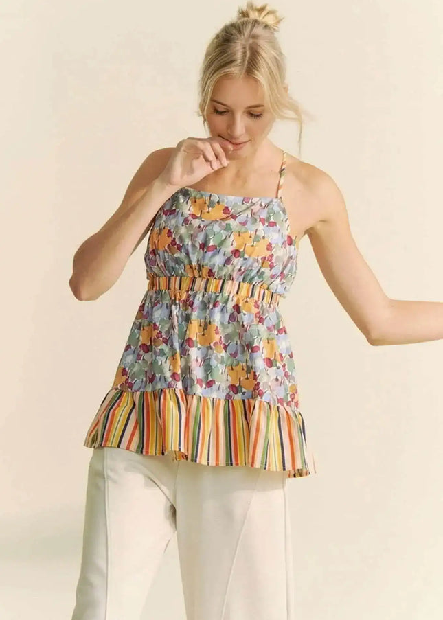 Davi & Dani Floral Smocked Sleeveless Ruffle Back Tie Top - Sleekdenim.com