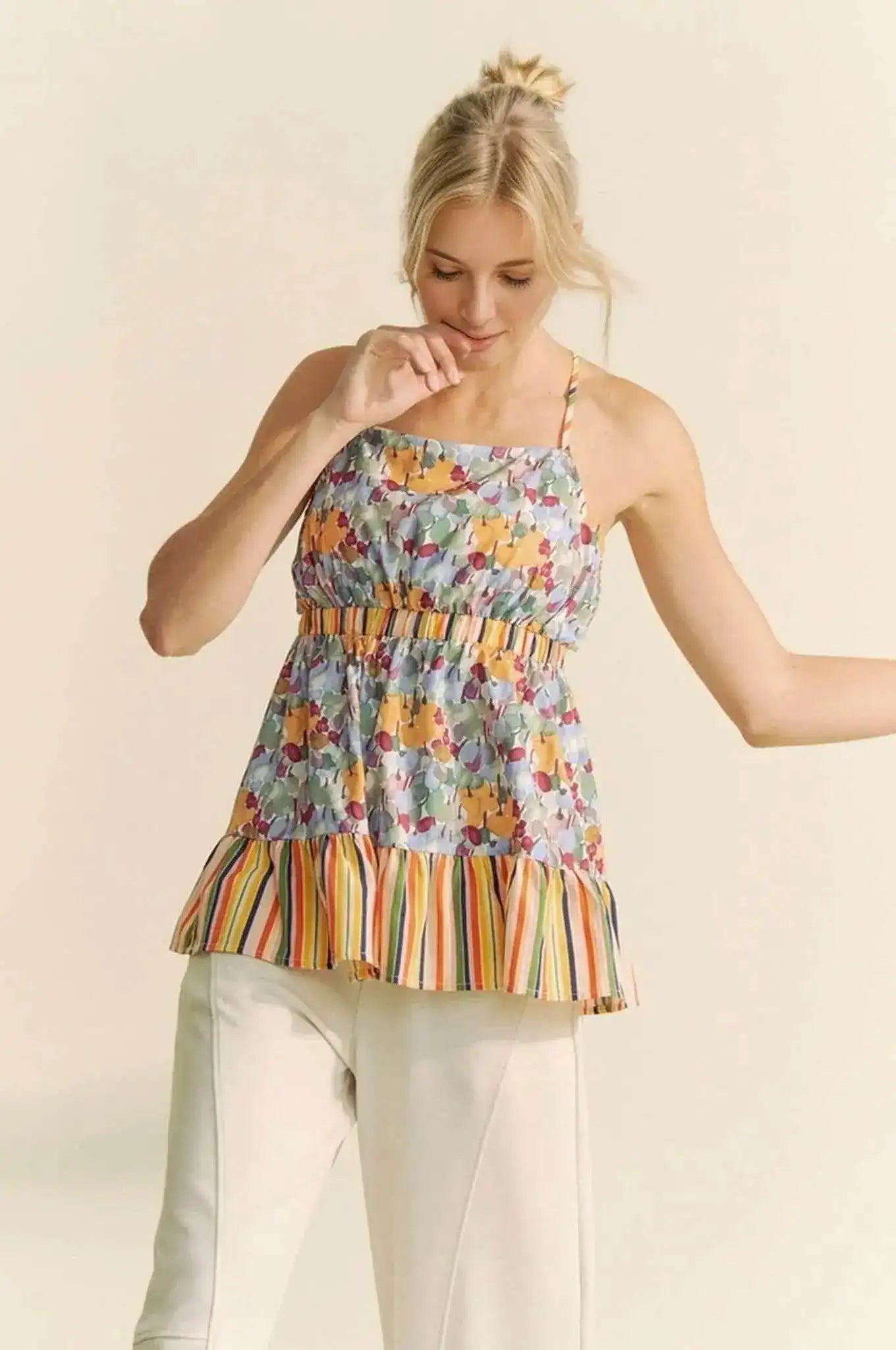 Davi & Dani Floral Smocked Sleeveless Ruffle Back Tie Top - Sleekdenim.com
