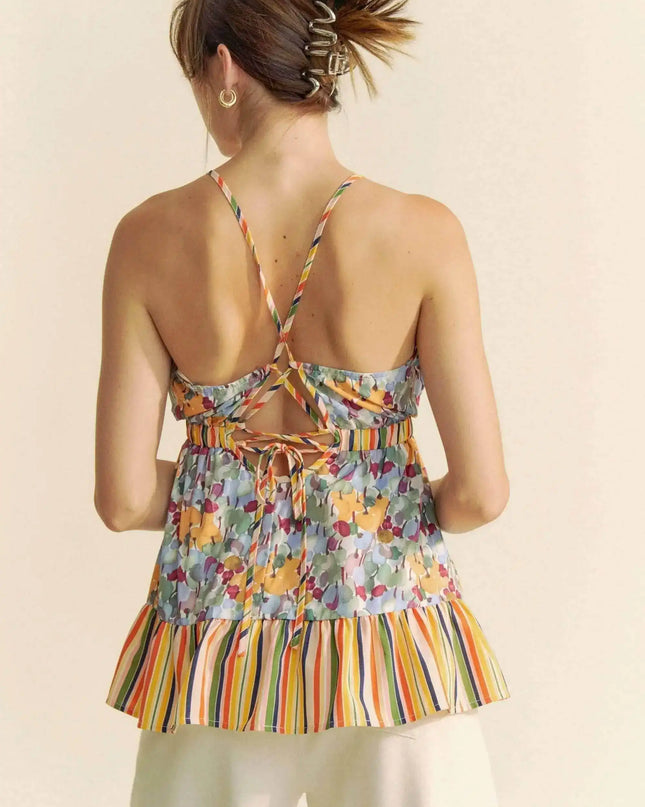 Davi & Dani Floral Smocked Sleeveless Ruffle Back Tie Top - Sleekdenim.com