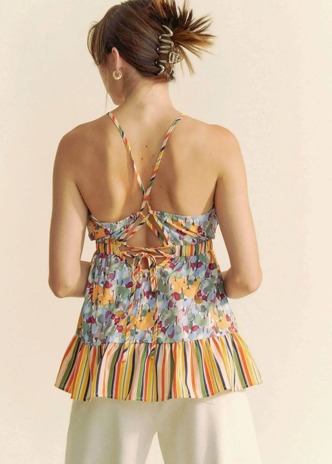 Davi & Dani Floral Smocked Sleeveless Ruffle Back Tie Top - Sleekdenim.com