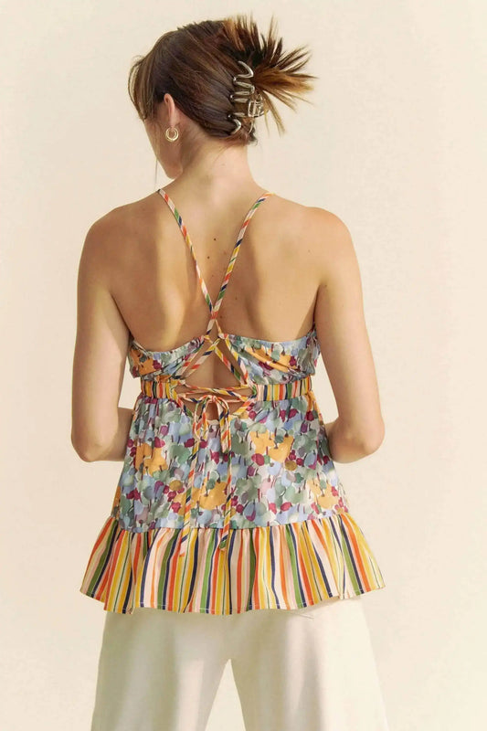 Davi & Dani Floral Smocked Sleeveless Ruffle Back Tie Top - Sleekdenim.com