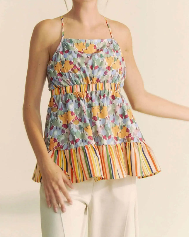 Davi & Dani Floral Smocked Sleeveless Ruffle Back Tie Top - Sleekdenim.com