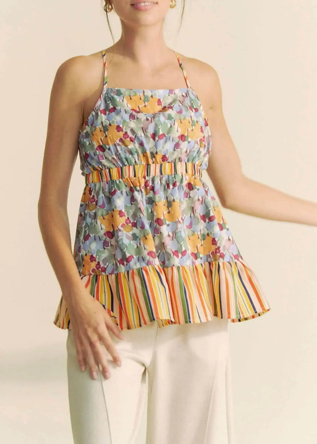 Davi & Dani Floral Smocked Sleeveless Ruffle Back Tie Top - Sleekdenim.com