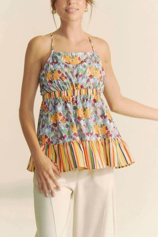 Davi & Dani Floral Smocked Sleeveless Ruffle Back Tie Top - Sleekdenim.com