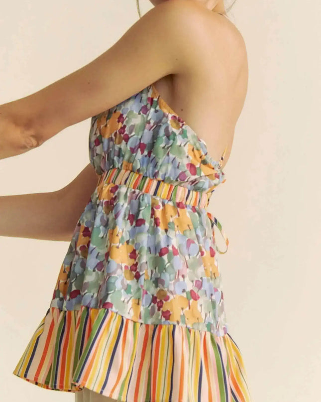 Davi & Dani Floral Smocked Sleeveless Ruffle Back Tie Top - Sleekdenim.com