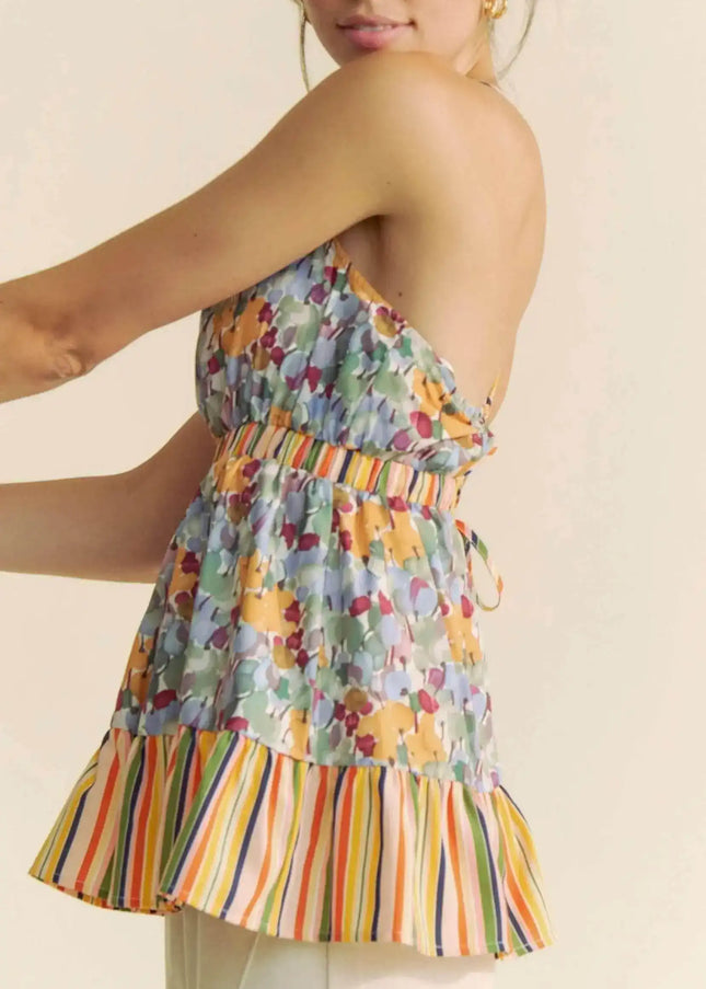 Davi & Dani Floral Smocked Sleeveless Ruffle Back Tie Top - Sleekdenim.com