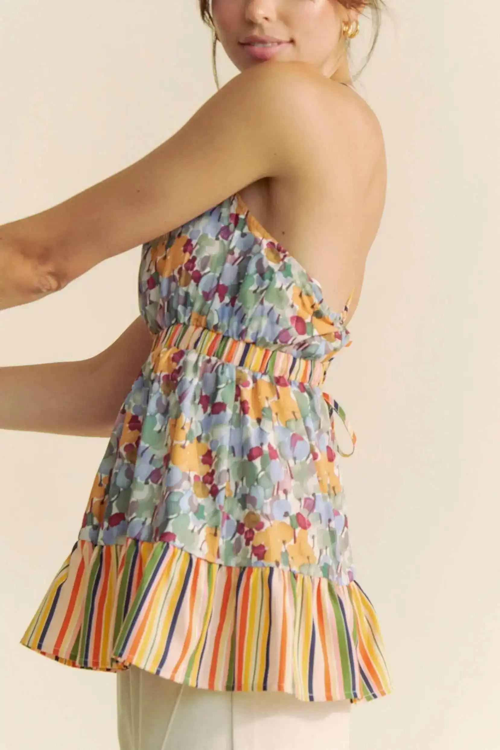 Davi & Dani Floral Smocked Sleeveless Ruffle Back Tie Top - Sleekdenim.com