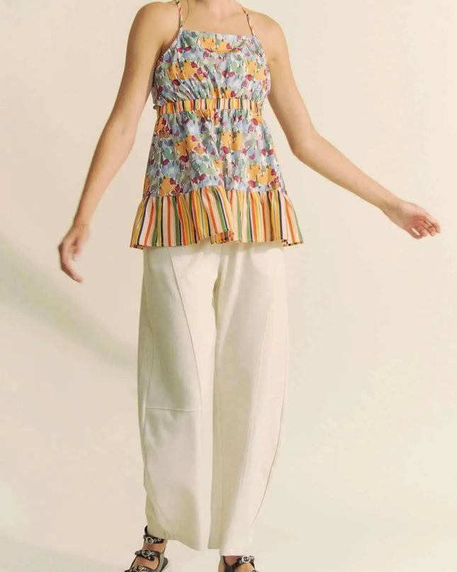 Davi & Dani Floral Smocked Sleeveless Ruffle Back Tie Top - Sleekdenim.com