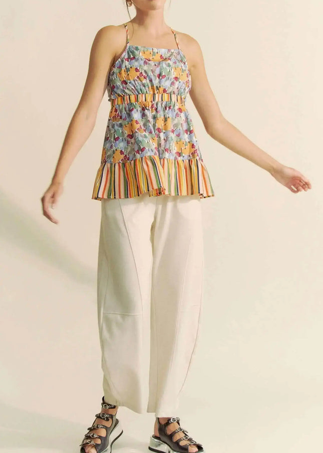 Davi & Dani Floral Smocked Sleeveless Ruffle Back Tie Top - Sleekdenim.com