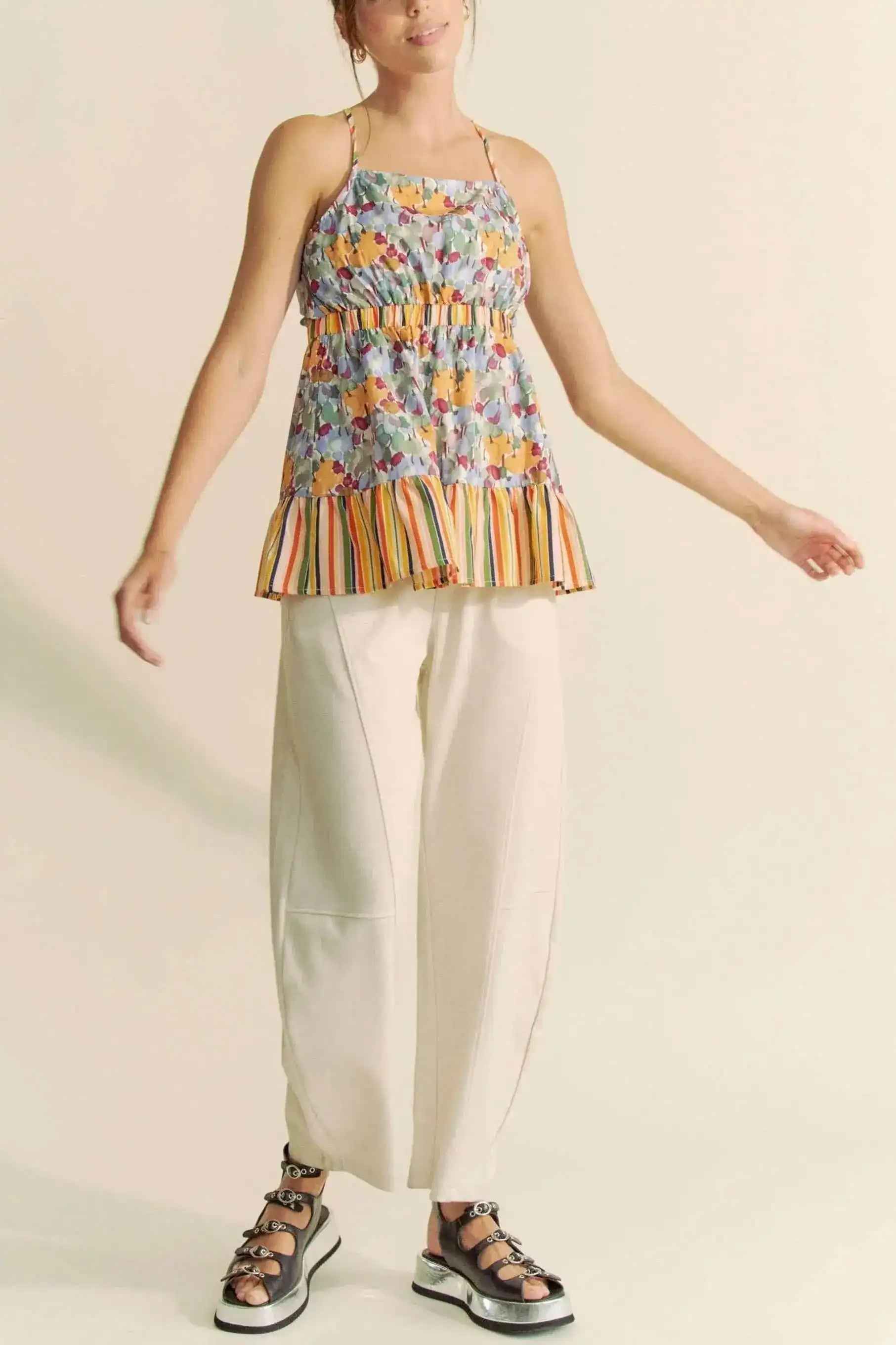 Davi & Dani Floral Smocked Sleeveless Ruffle Back Tie Top - Sleekdenim.com