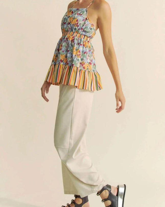 Davi & Dani Floral Smocked Sleeveless Ruffle Back Tie Top - Sleekdenim.com