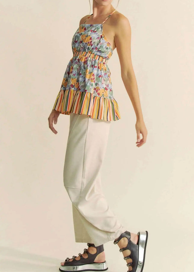 Davi & Dani Floral Smocked Sleeveless Ruffle Back Tie Top - Sleekdenim.com