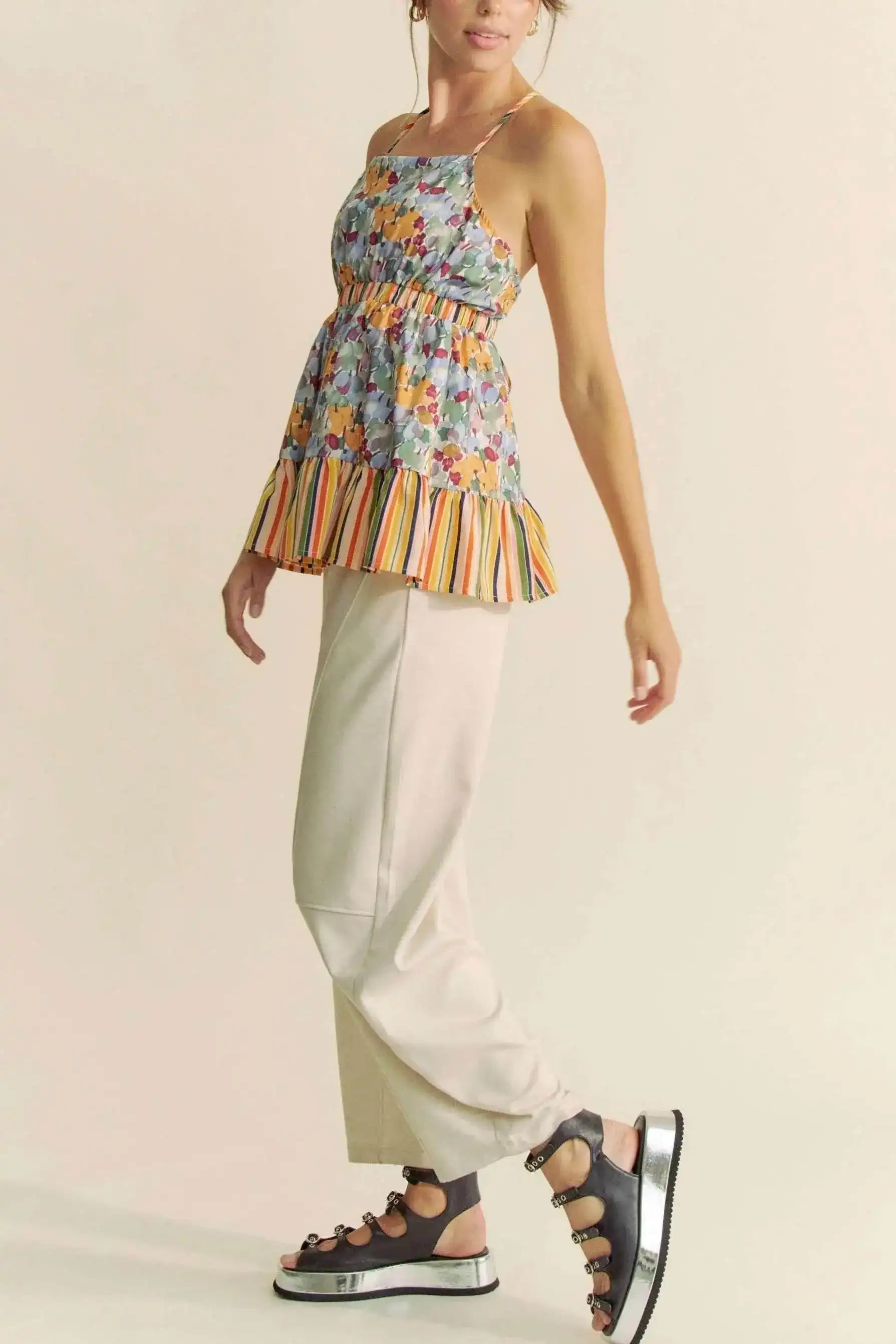 Davi & Dani Floral Smocked Sleeveless Ruffle Back Tie Top - Sleekdenim.com