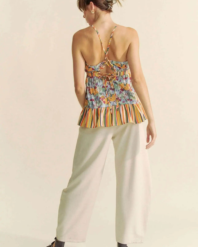 Davi & Dani Floral Smocked Sleeveless Ruffle Back Tie Top - Sleekdenim.com