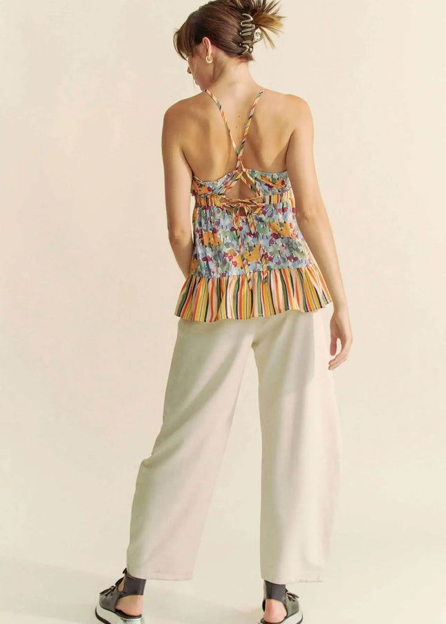 Davi & Dani Floral Smocked Sleeveless Ruffle Back Tie Top - Sleekdenim.com