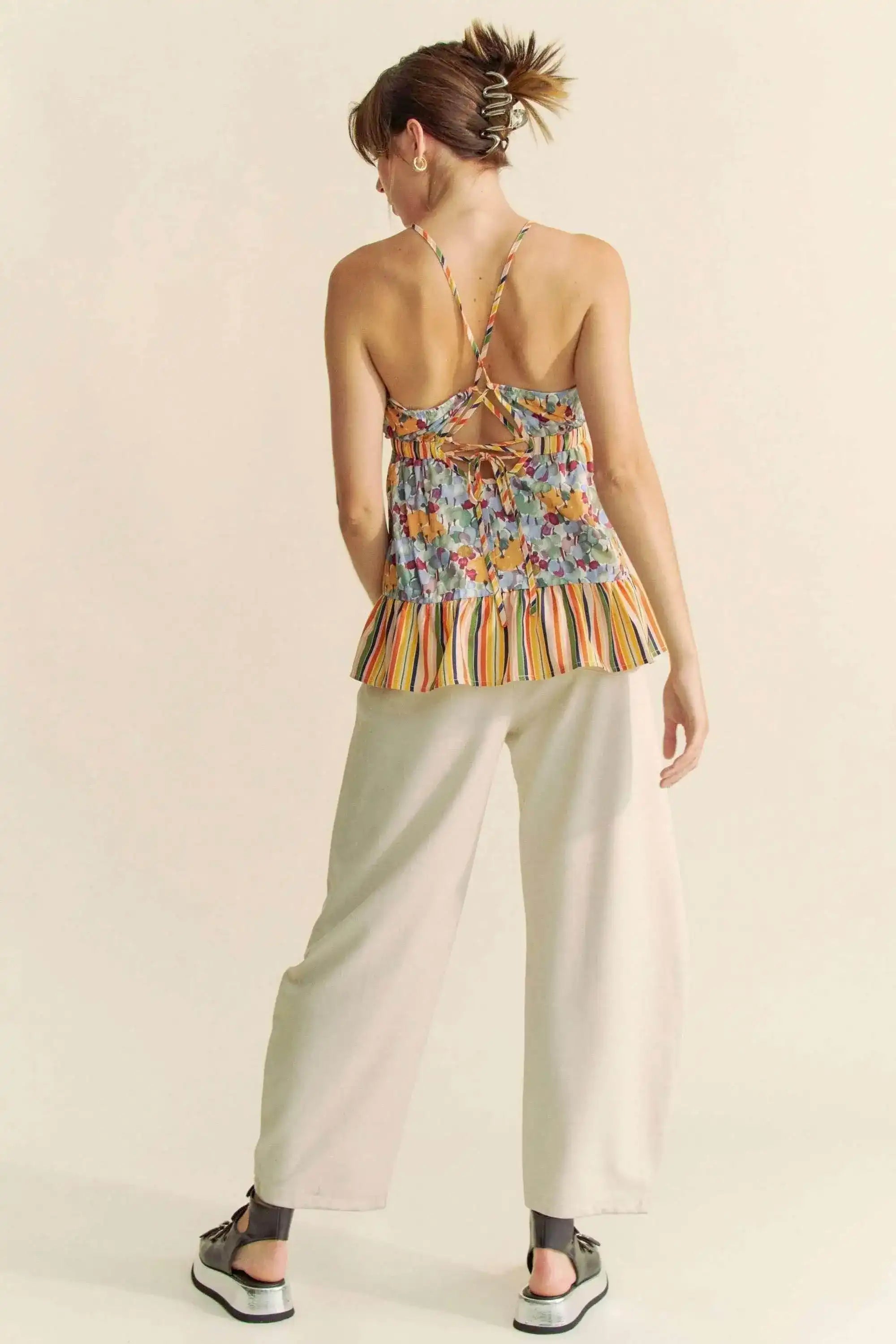 Davi & Dani Floral Smocked Sleeveless Ruffle Back Tie Top - Sleekdenim.com