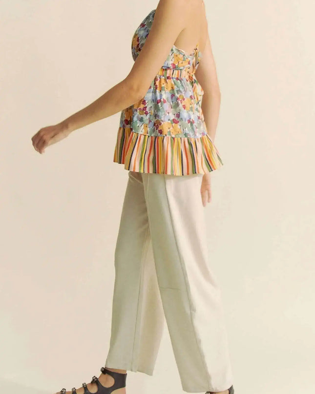 Davi & Dani Floral Smocked Sleeveless Ruffle Back Tie Top - Sleekdenim.com